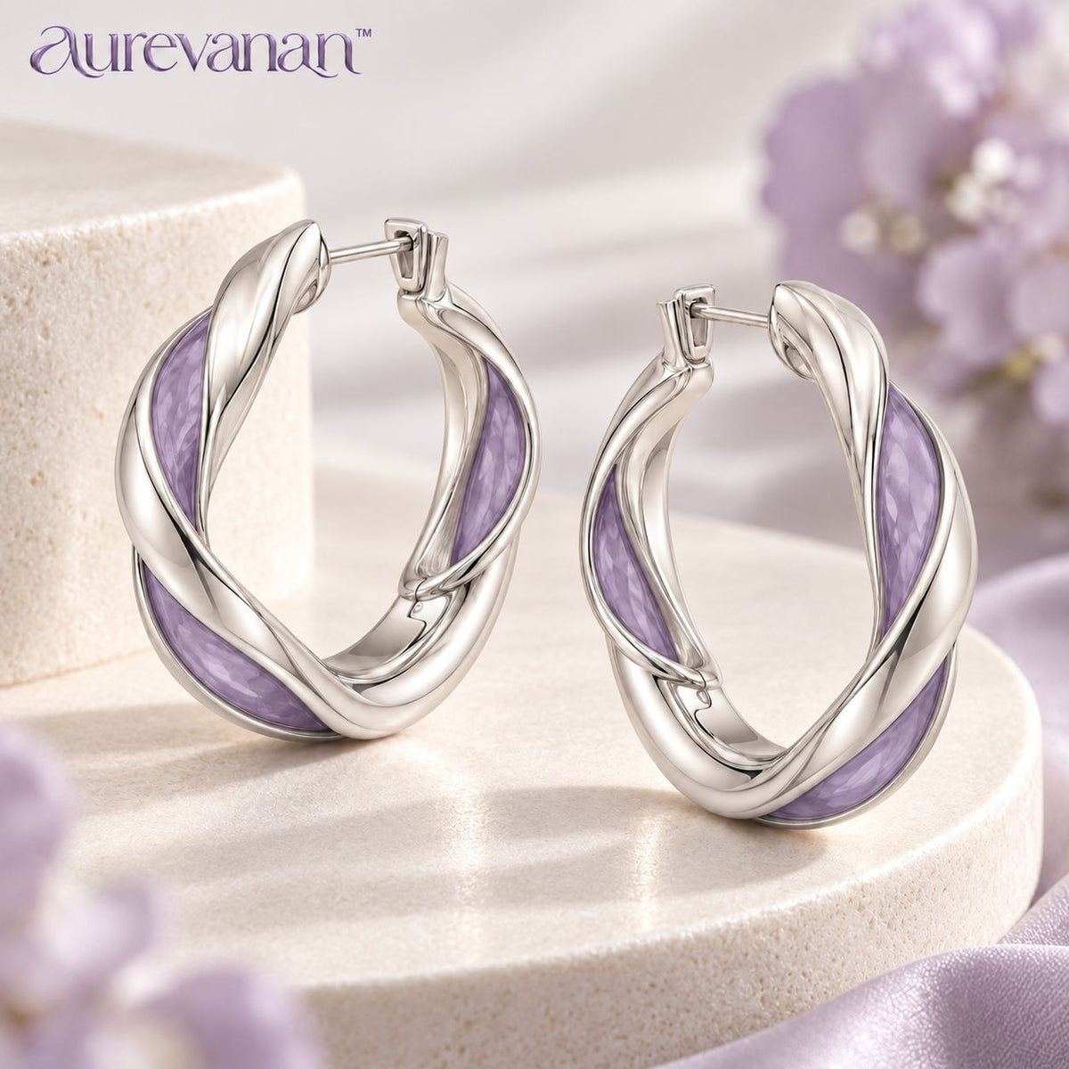 5 aurevanan™ Sculpted Ribbon Hoop Earrings with Soft Purple Inlay