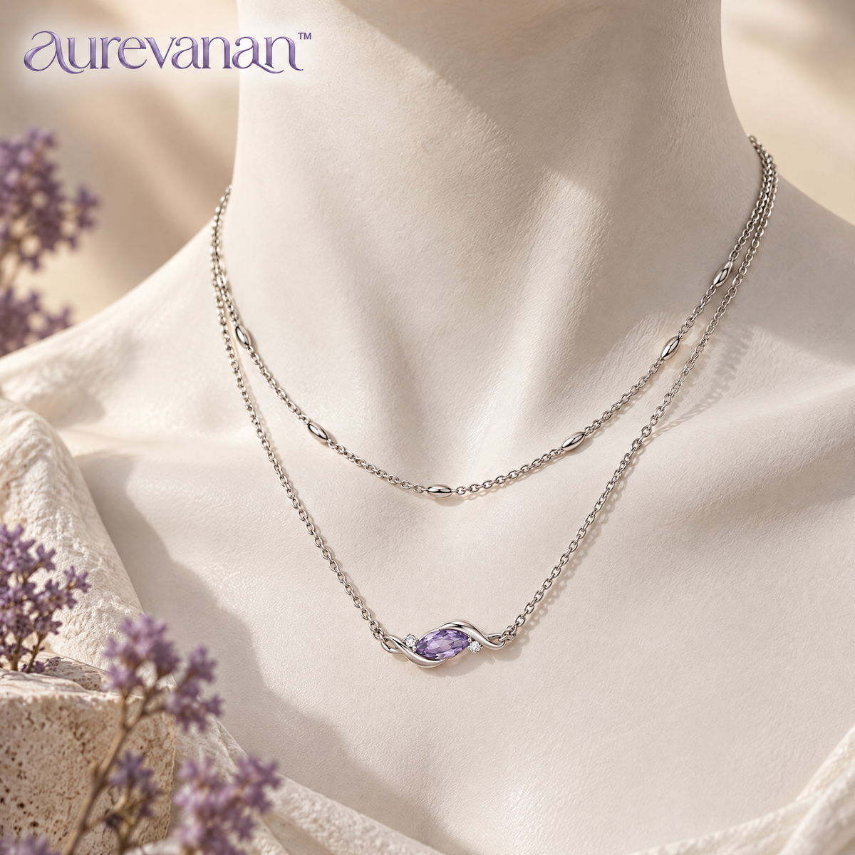 4 aurevanan™ Layered Fine Chain Necklace with Smoky Lavender Accent