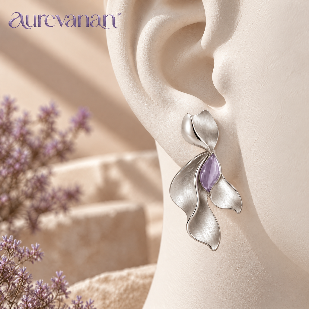 11 aurevanan™ Asymmetrical Silver-Tone Petal Earrings with Soft Lavender Accent