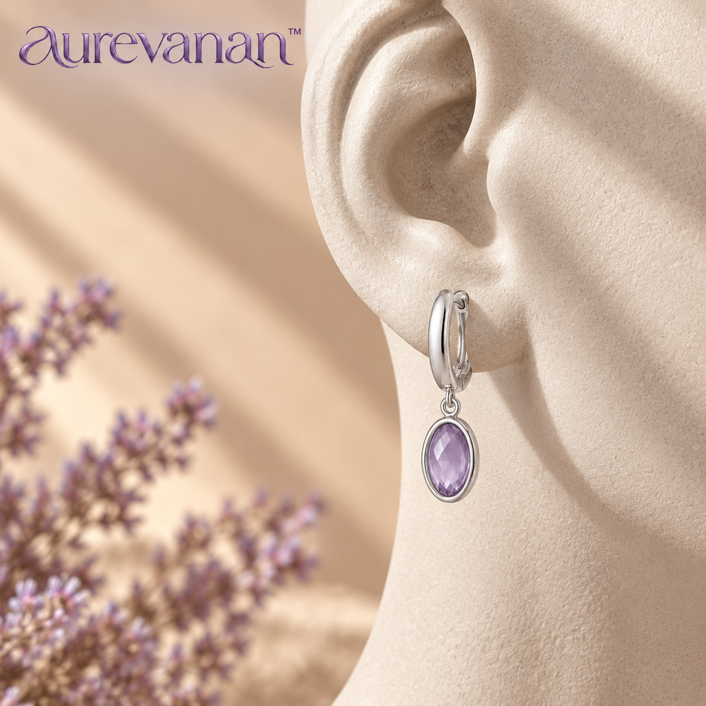 13 aurevanan™ Slender Huggie Earrings with Suspended Lavender Oval Accent