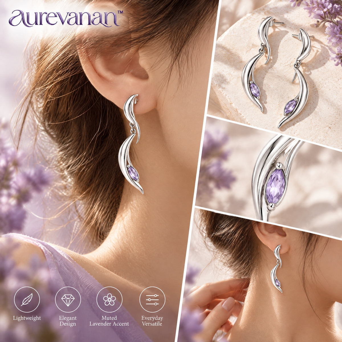 2 aurevanan™ Double Arc Drop Earrings with Muted Lavender Accent