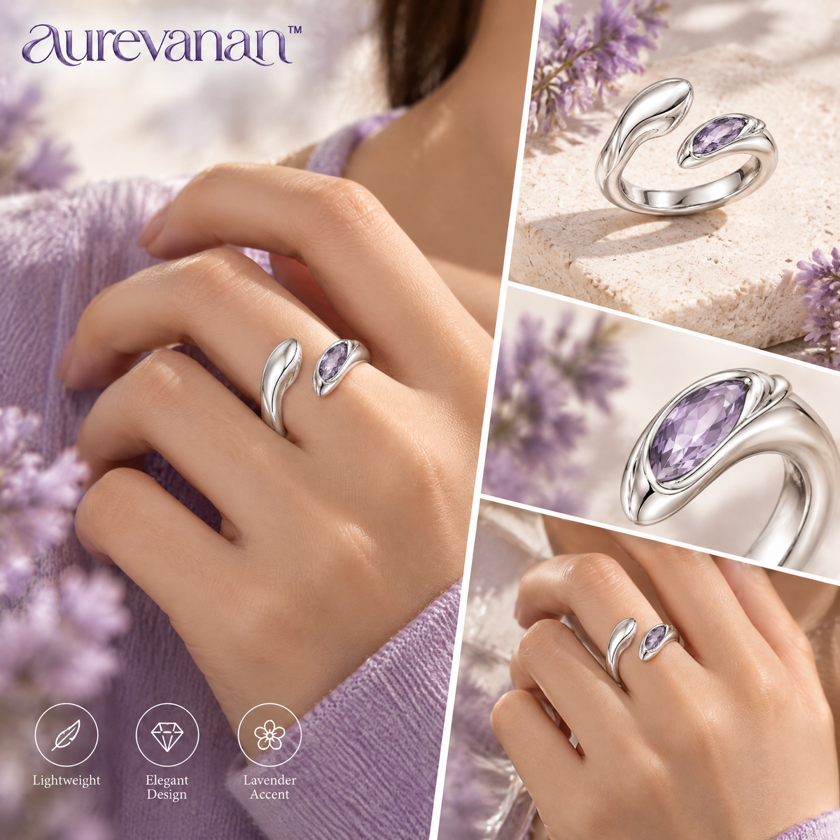 3 aurevanan™ Sculpted Open Curve Ring with Lavender Accent