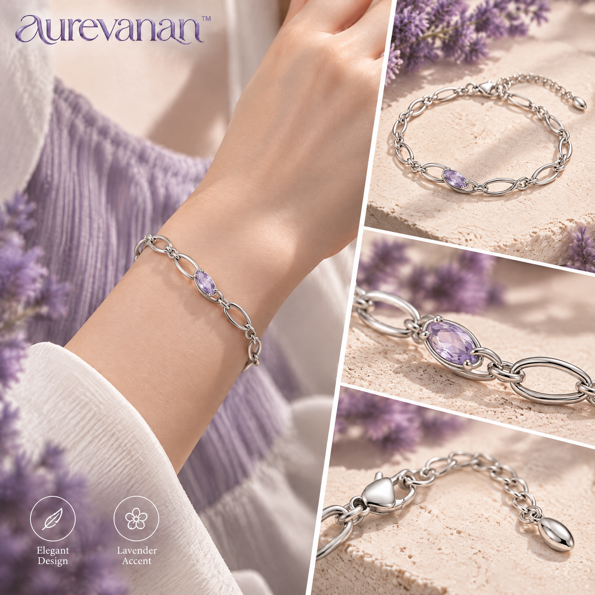 6 aurevanan™ Slim Oval Link Bracelet with Pale Lavender Accent