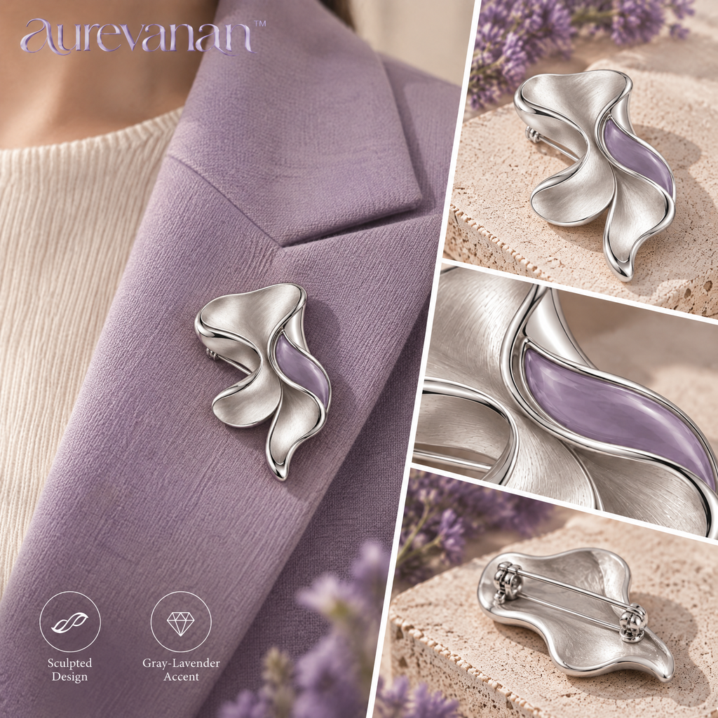 15 aurevanan™ Sculpted Silver-Tone Brooch with Abstract Lavender Fold Accent