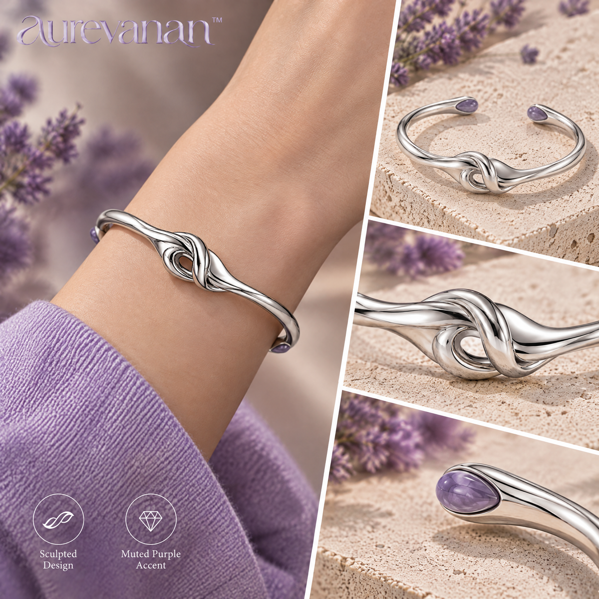 12 aurevanan™ Sculpted Knot Cuff Bracelet with Muted Purple Accent Tips