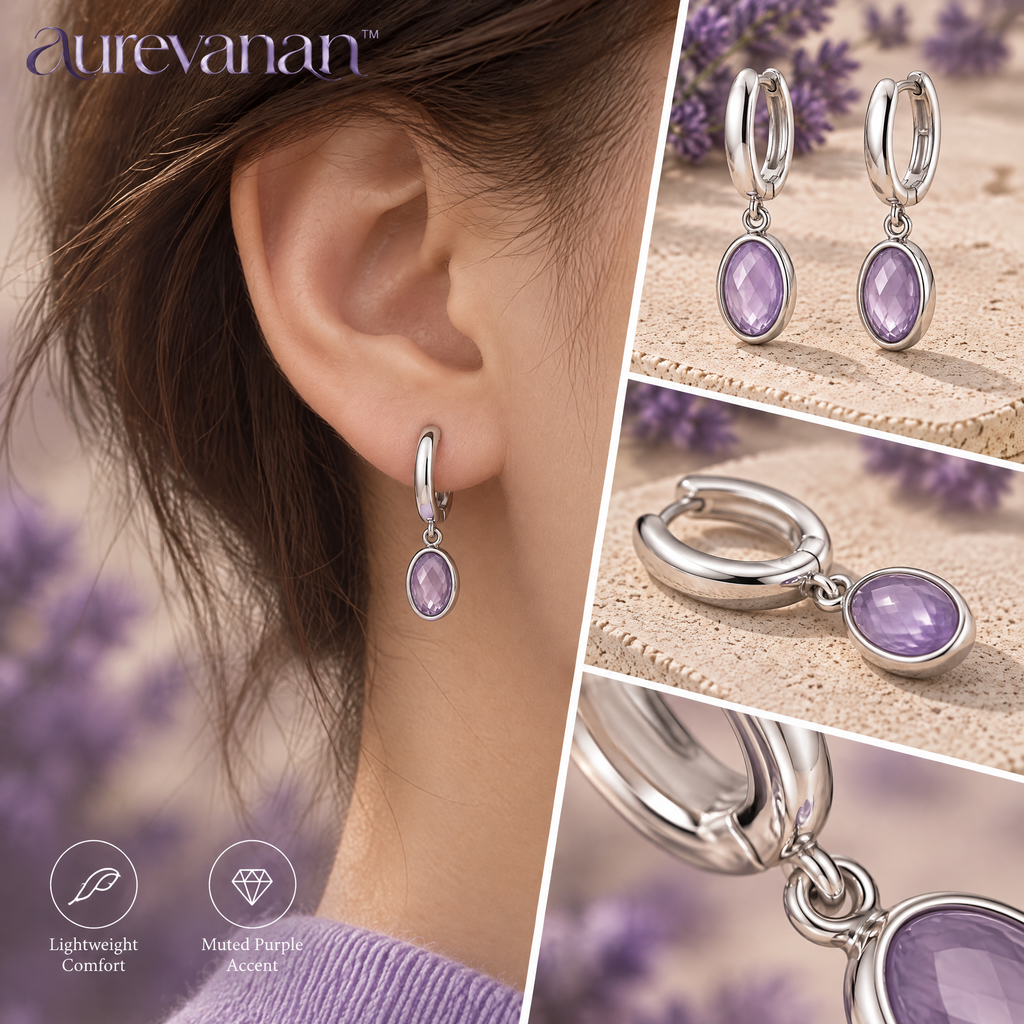 13 aurevanan™ Slender Huggie Earrings with Suspended Lavender Oval Accent