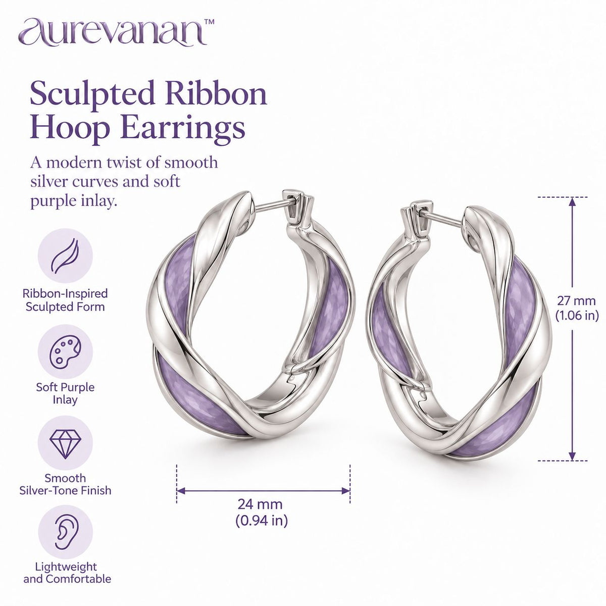 5 aurevanan™ Sculpted Ribbon Hoop Earrings with Soft Purple Inlay