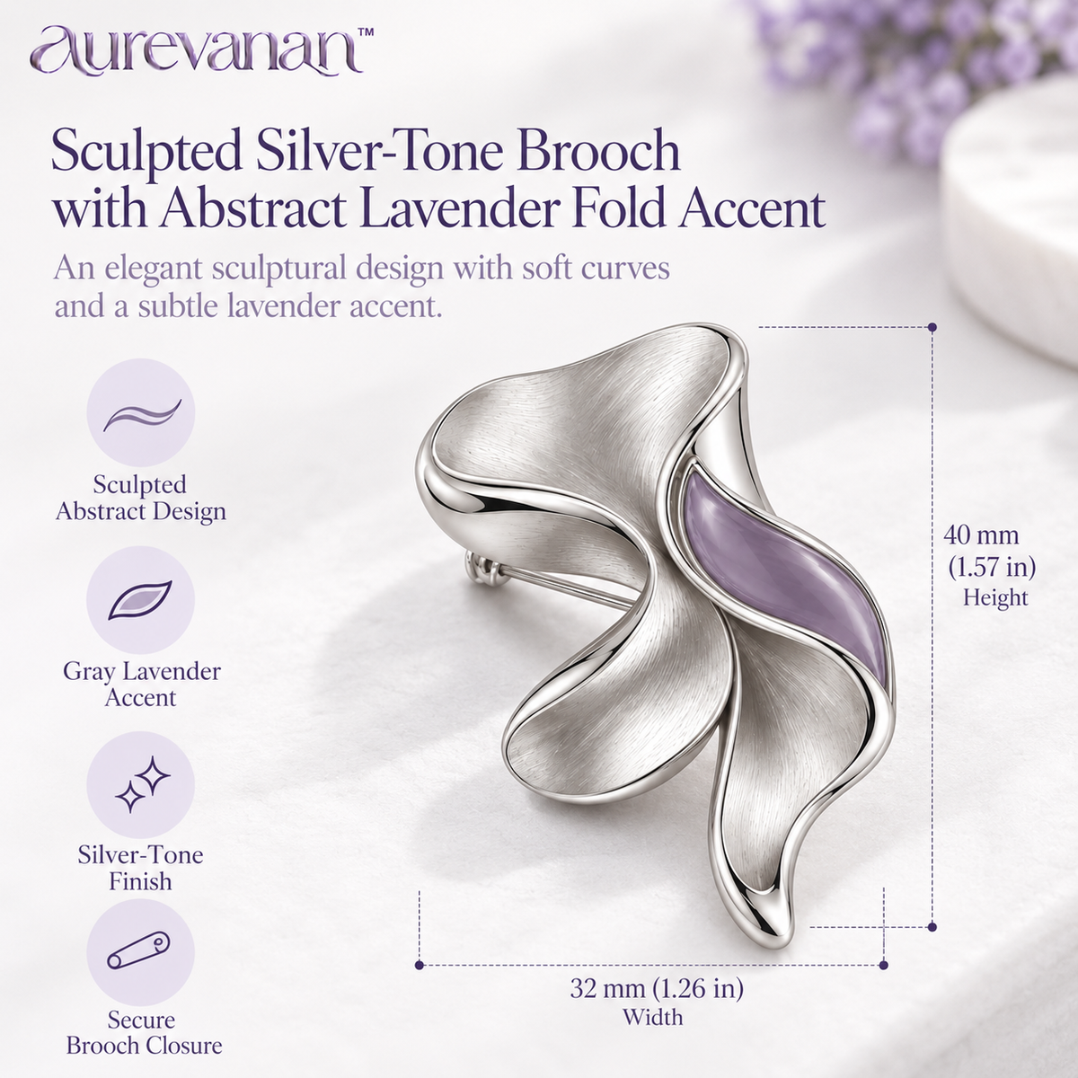 15 aurevanan™ Sculpted Silver-Tone Brooch with Abstract Lavender Fold Accent