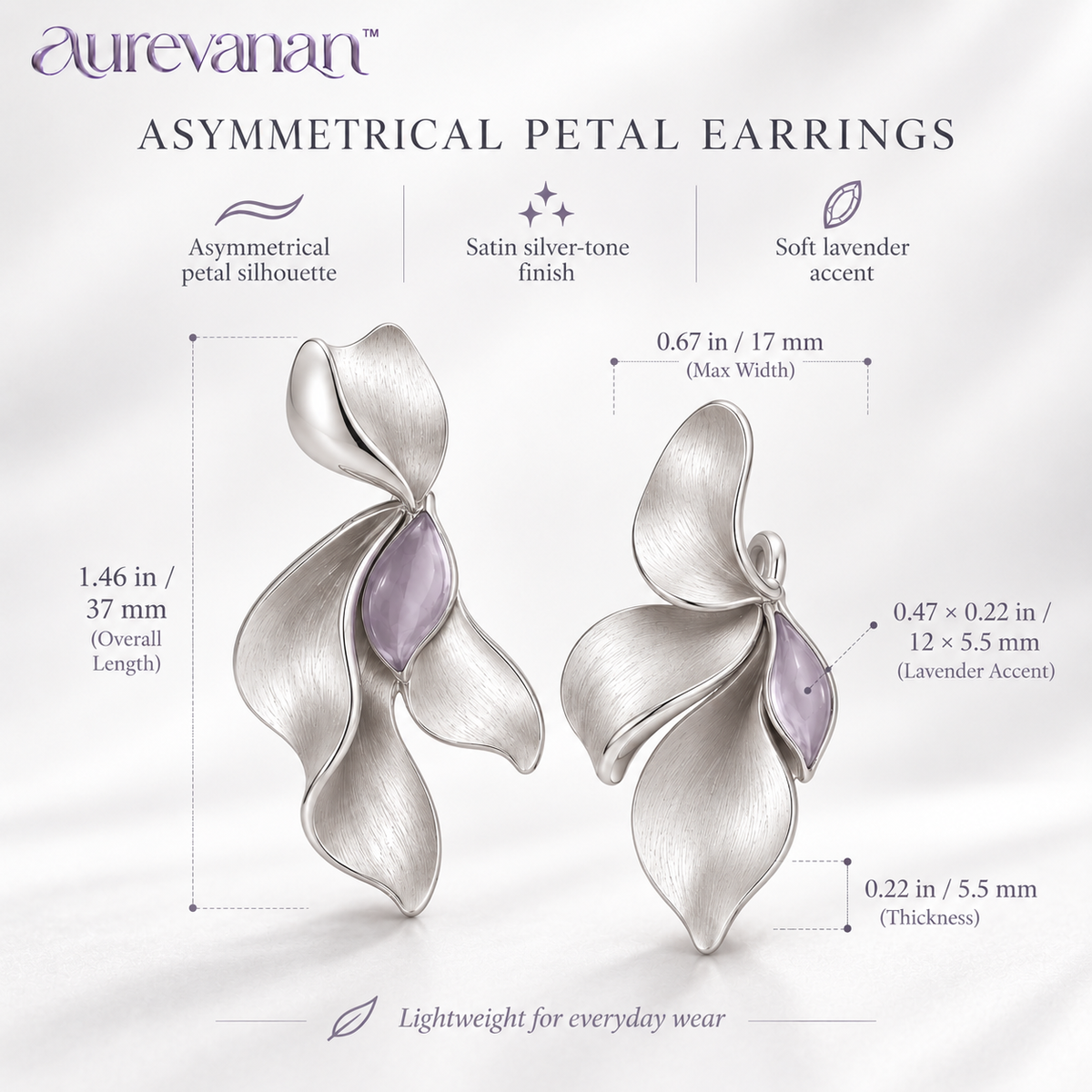 11 aurevanan™ Asymmetrical Silver-Tone Petal Earrings with Soft Lavender Accent