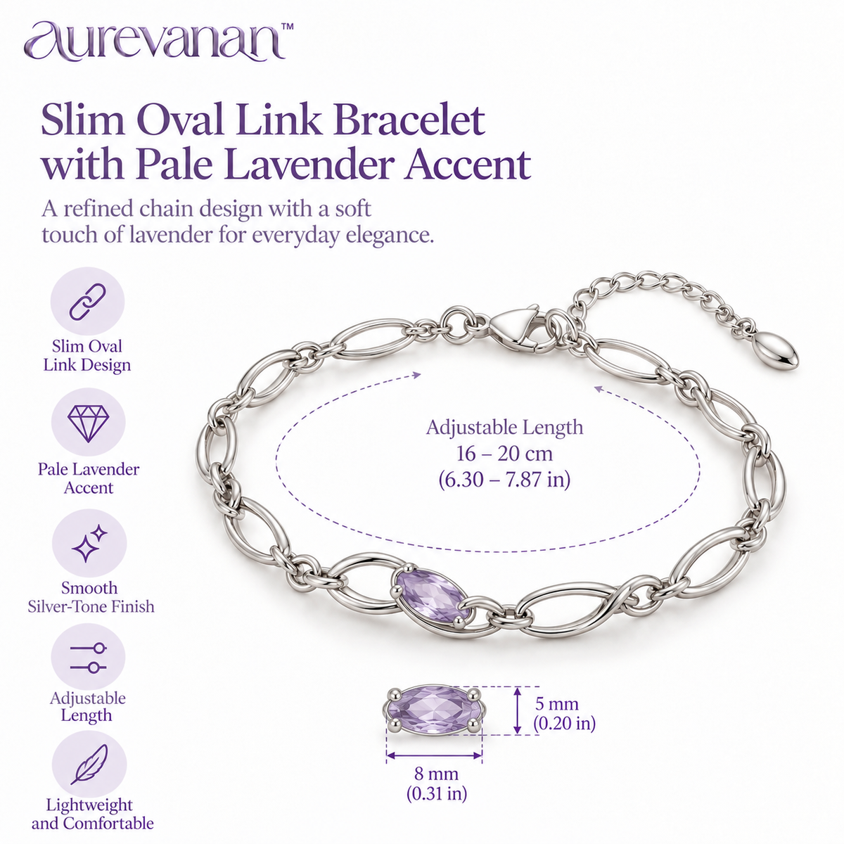 6 aurevanan™ Slim Oval Link Bracelet with Pale Lavender Accent
