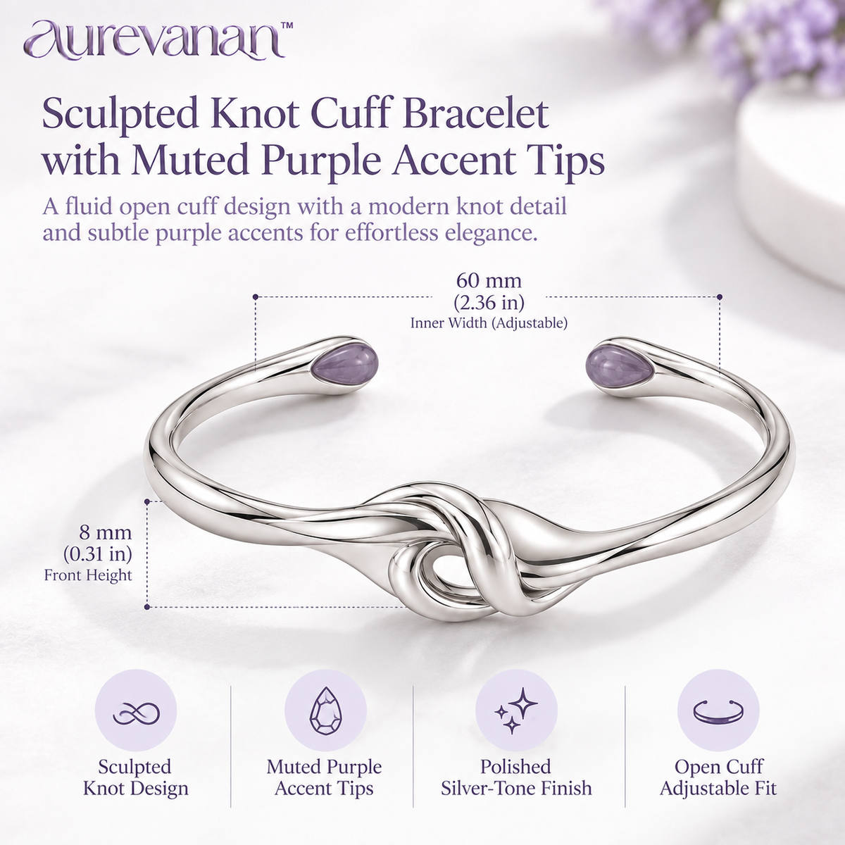 12 aurevanan™ Sculpted Knot Cuff Bracelet with Muted Purple Accent Tips