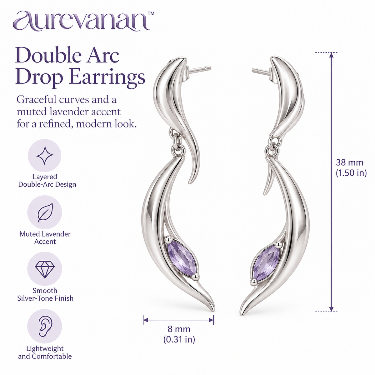 2 aurevanan™ Double Arc Drop Earrings with Muted Lavender Accent