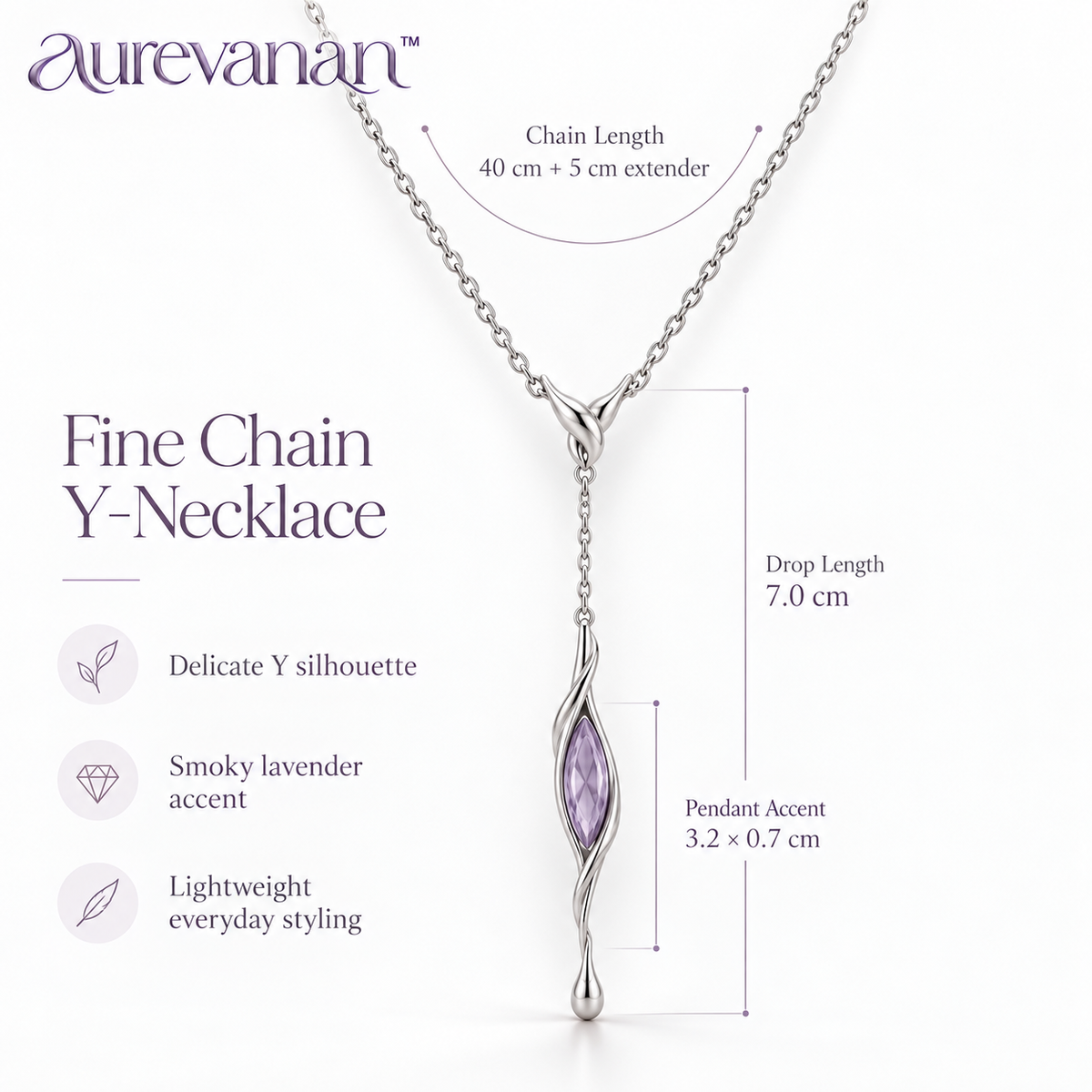 10 aurevanan™ Fine Chain Y-Necklace with Elongated Smoky Lavender Accent