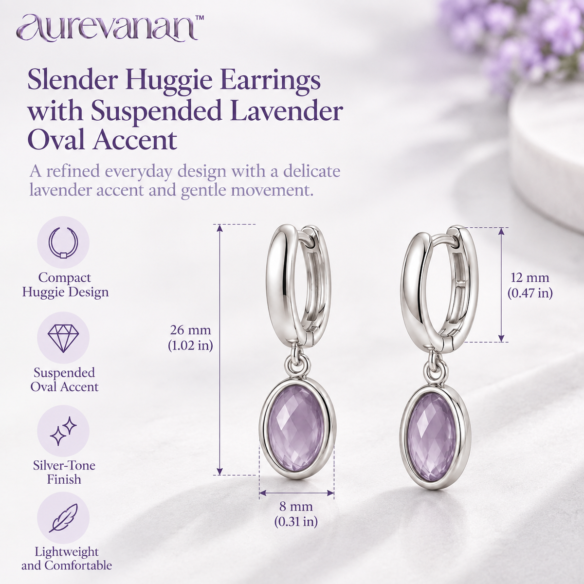 13 aurevanan™ Slender Huggie Earrings with Suspended Lavender Oval Accent