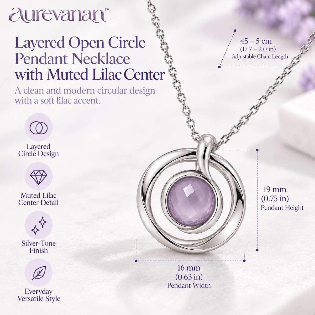 14 aurevanan™ Layered Open Circle Pendant Necklace with Muted Lilac Center