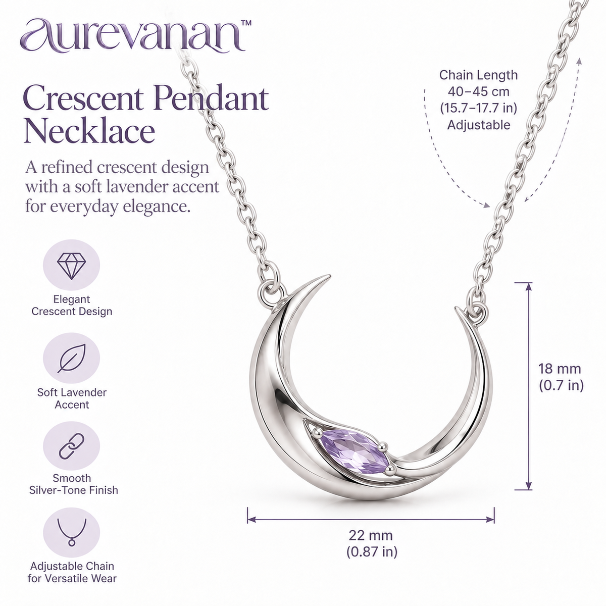 1 aurevanan™ Sculpted Crescent Pendant Necklace with Soft Lavender Accent