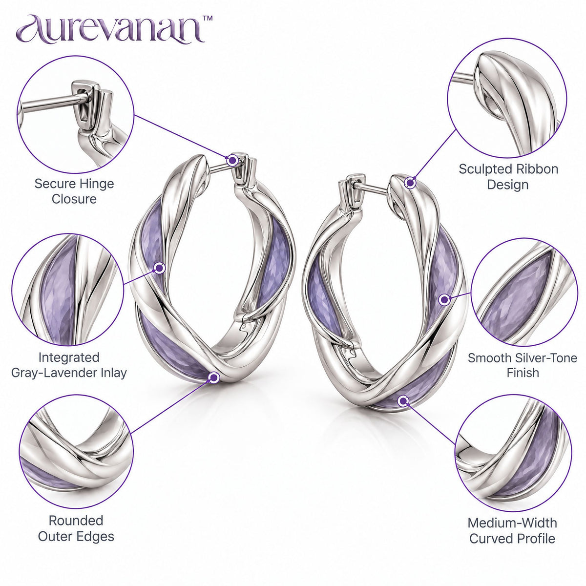 5 aurevanan™ Sculpted Ribbon Hoop Earrings with Soft Purple Inlay