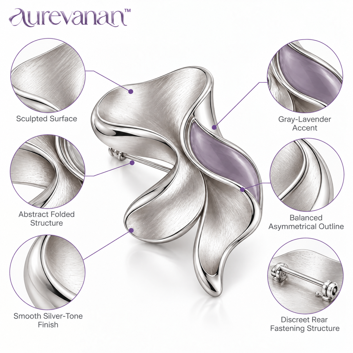 15 aurevanan™ Sculpted Silver-Tone Brooch with Abstract Lavender Fold Accent