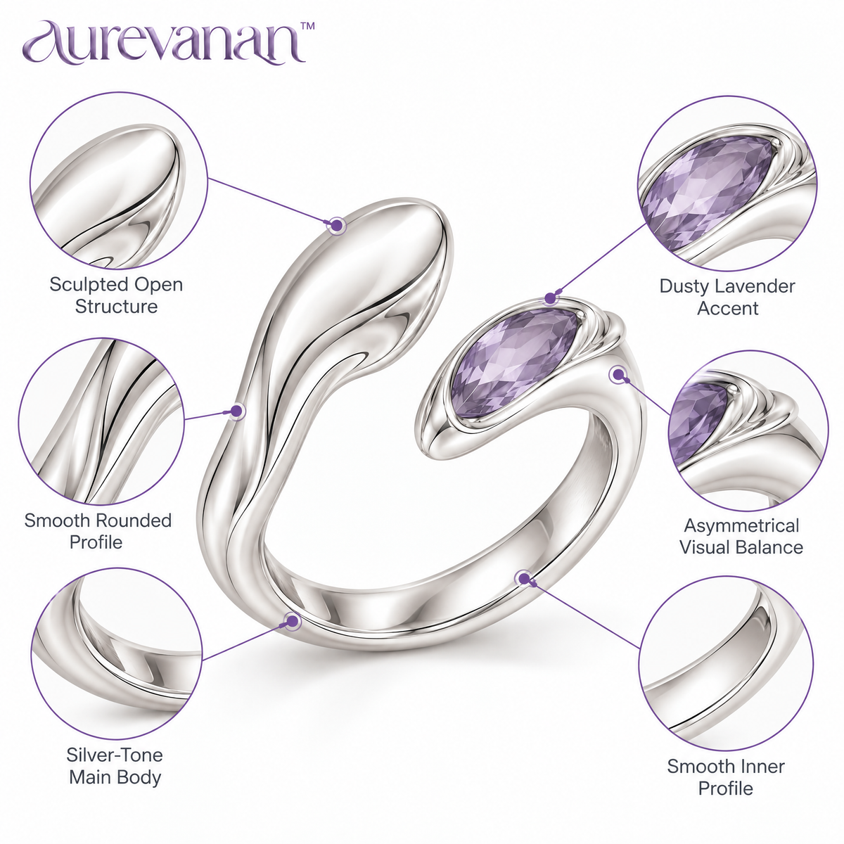 3 aurevanan™ Sculpted Open Curve Ring with Lavender Accent