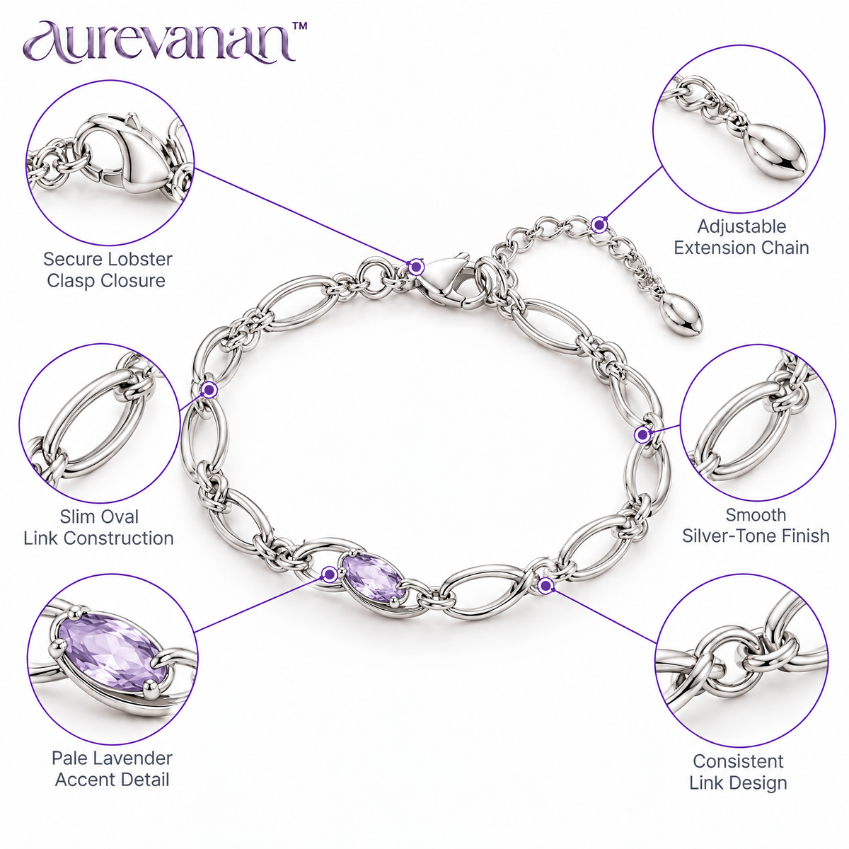 6 aurevanan™ Slim Oval Link Bracelet with Pale Lavender Accent