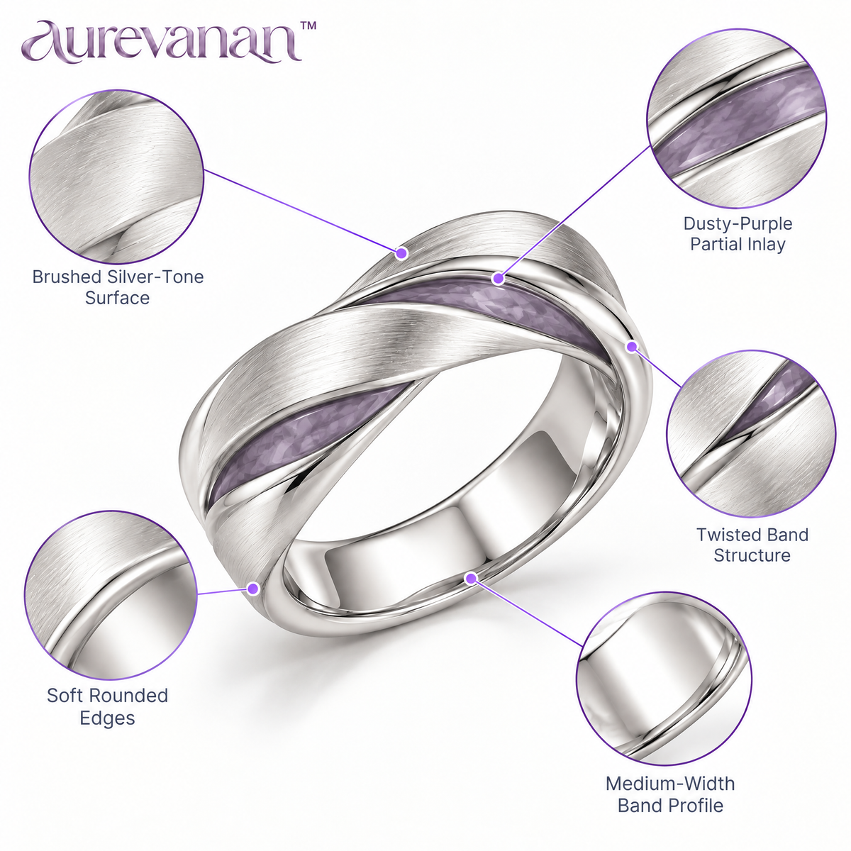 9 aurevanan™ Twisted Silver-Tone Band Ring with Dusty Purple Inlay