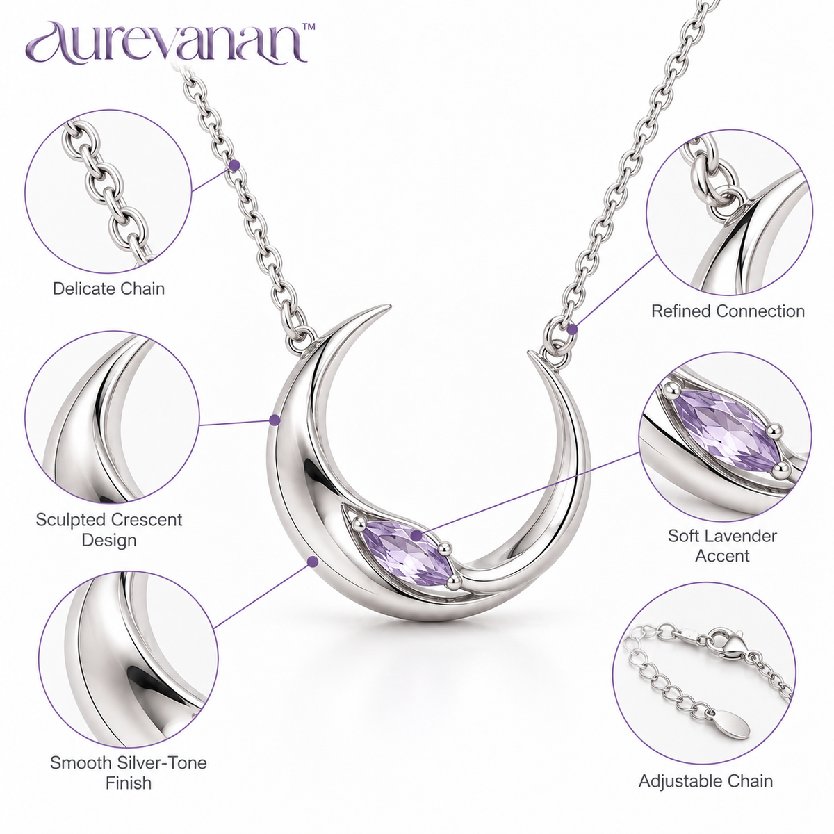1 aurevanan™ Sculpted Crescent Pendant Necklace with Soft Lavender Accent
