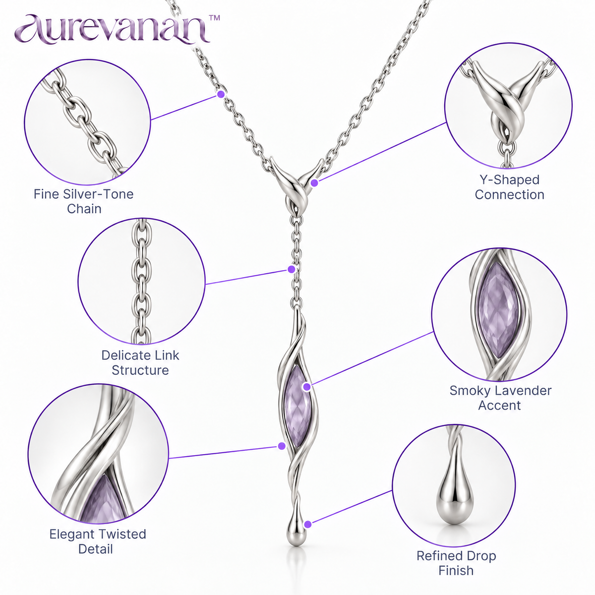 10 aurevanan™ Fine Chain Y-Necklace with Elongated Smoky Lavender Accent