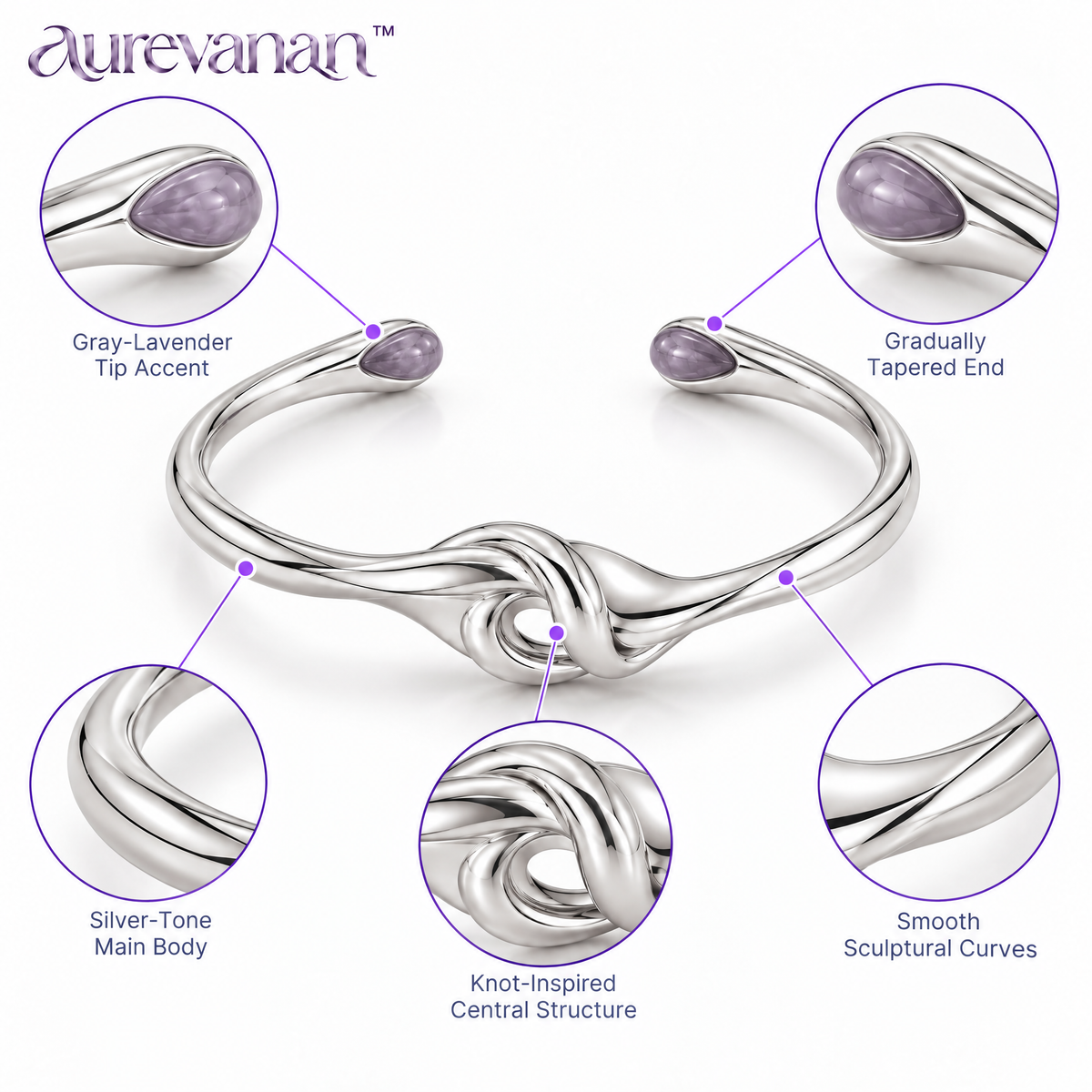 12 aurevanan™ Sculpted Knot Cuff Bracelet with Muted Purple Accent Tips