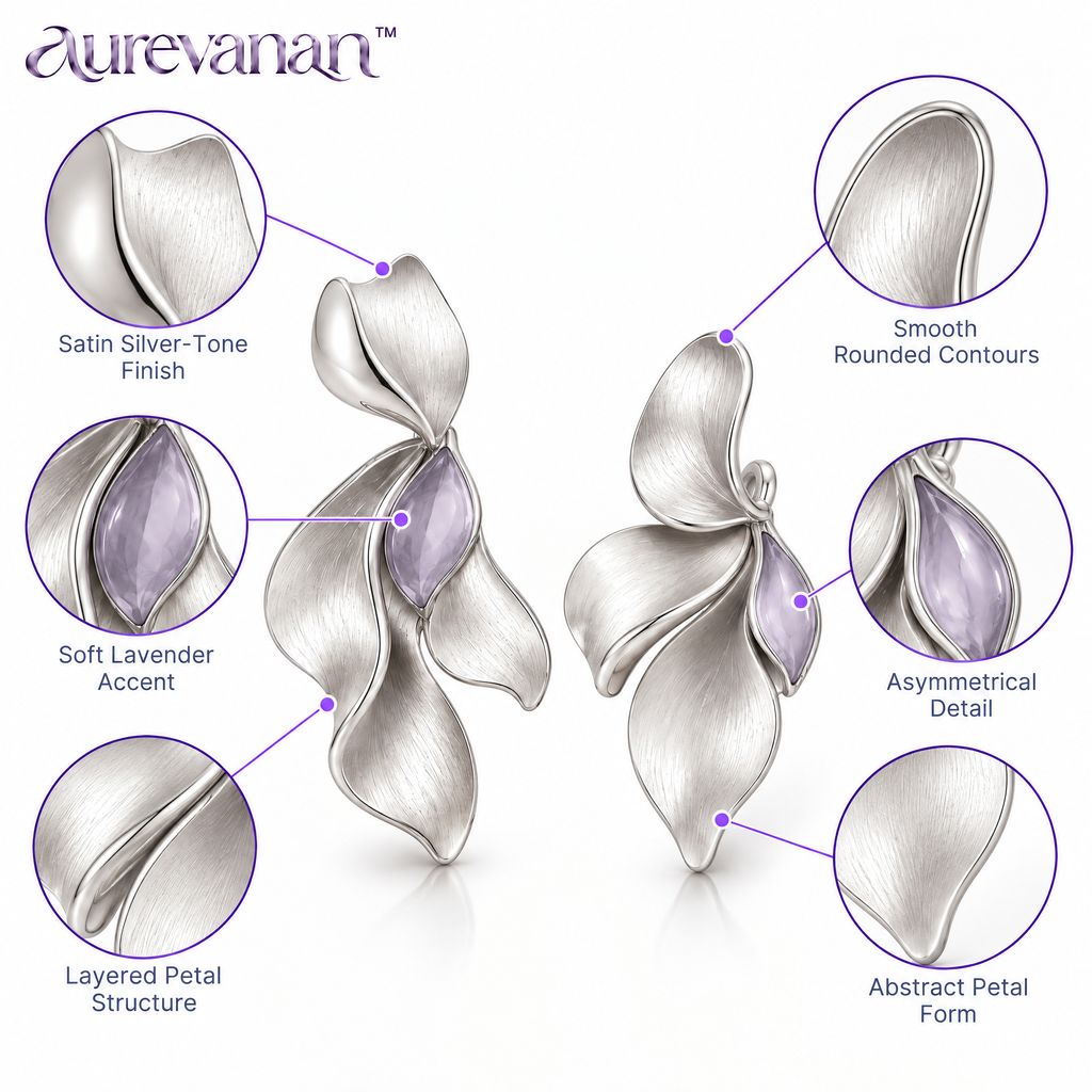 11 aurevanan™ Asymmetrical Silver-Tone Petal Earrings with Soft Lavender Accent