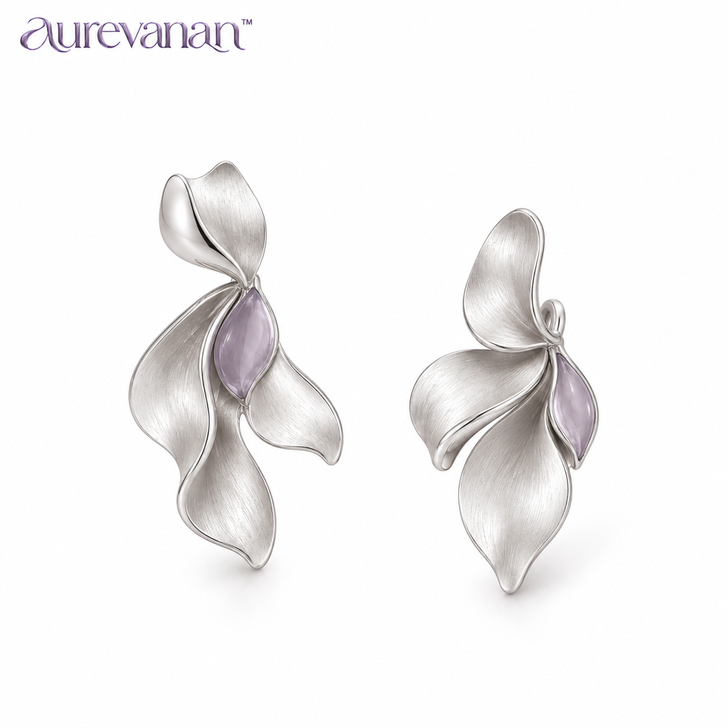 11 aurevanan™ Asymmetrical Silver-Tone Petal Earrings with Soft Lavender Accent